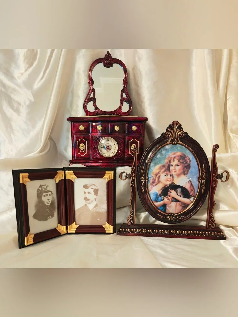 Vintage Mahogany-Style Musical Jewelry Box And Picture Frame Bundle